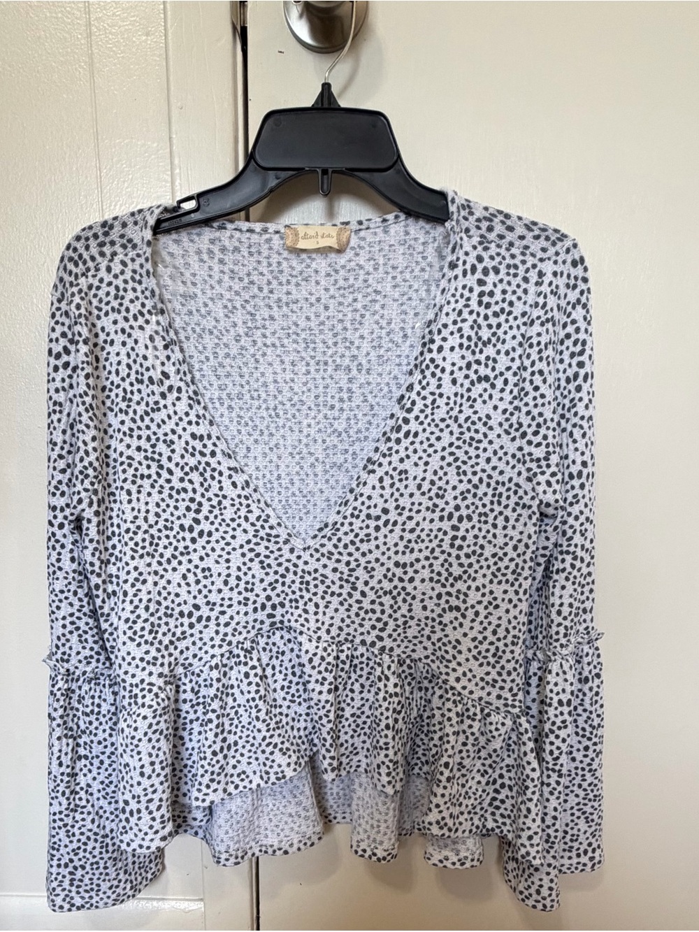 Altar'd State White V-Neck Ruffle Hem Top with Black Dot Print